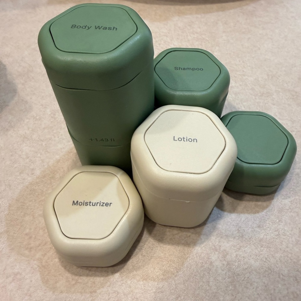 Cadence Travel Toiletry Containers - Green & Cream Set orig $119